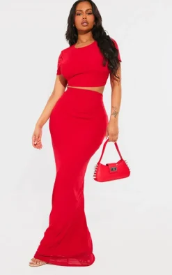 Outlet PrettyLittleThing Shape Mesh Printed Detail Maxi Skirt Bright Red