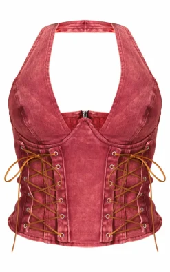 Online PrettyLittleThing Shape Washed Denim Lace Up Corset Bright Red