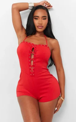 PrettyLittleThing Unitards*Shape Woven Lace Up Unitard