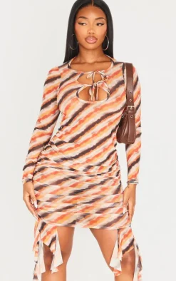 New PrettyLittleThing Shape Abstrect Printed Cut Out Long Sleeve Top Brown