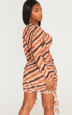 New PrettyLittleThing Shape Abstrect Printed Cut Out Long Sleeve Top Brown
