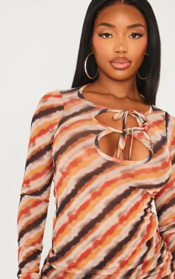 New PrettyLittleThing Shape Abstrect Printed Cut Out Long Sleeve Top Brown
