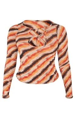 New PrettyLittleThing Shape Abstrect Printed Cut Out Long Sleeve Top Brown