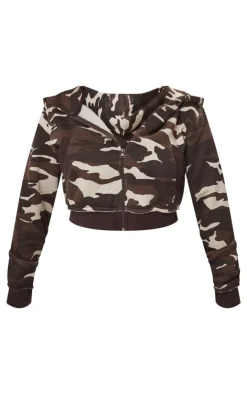 Outlet PrettyLittleThing Shape Camo Print Hooded Zip Up Crop Top Brown