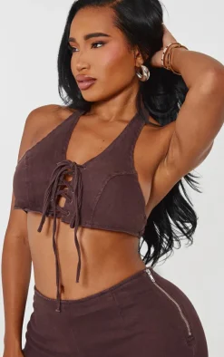 Sale PrettyLittleThing Shape Denim Halterneck Lace Up Front Crop Top Brown