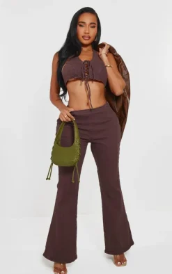 Sale PrettyLittleThing Shape Denim Halterneck Lace Up Front Crop Top Brown