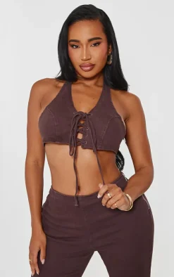 Sale PrettyLittleThing Shape Denim Halterneck Lace Up Front Crop Top Brown