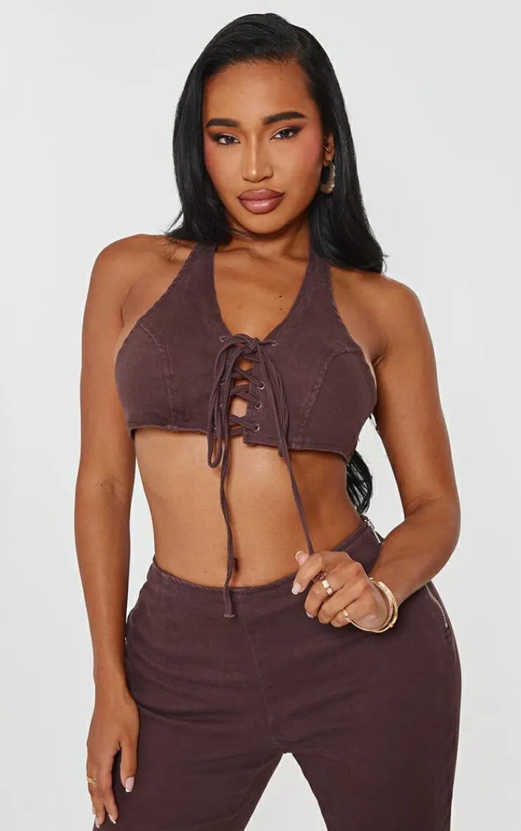 Sale PrettyLittleThing Shape Denim Halterneck Lace Up Front Crop Top Brown