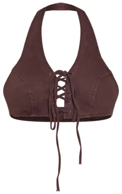 Sale PrettyLittleThing Shape Denim Halterneck Lace Up Front Crop Top Brown