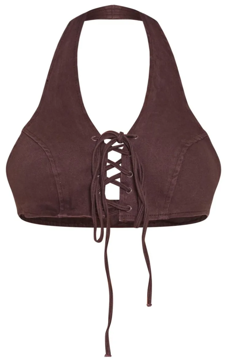 Sale PrettyLittleThing Shape Denim Halterneck Lace Up Front Crop Top Brown
