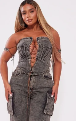 New PrettyLittleThing Shape Denim Lace Up Front Corset Brown
