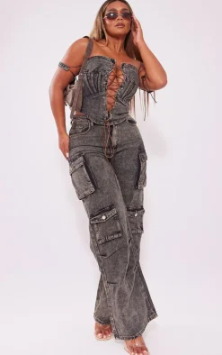 New PrettyLittleThing Shape Denim Lace Up Front Corset Brown