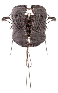 New PrettyLittleThing Shape Denim Lace Up Front Corset Brown