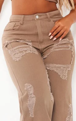 Shape Brown Denim Washed Ripped Wide Leg Jeans