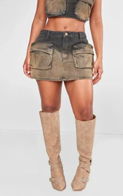 Online PrettyLittleThing Shape Denim Washed Pocket Mini Skirt Brown