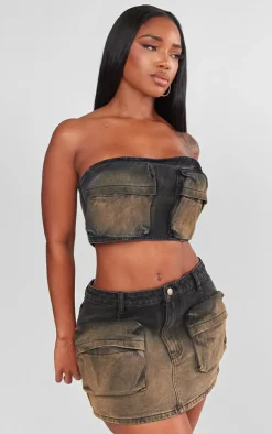 Online PrettyLittleThing Shape Denim Washed Pocket Mini Skirt Brown