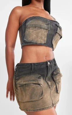 Online PrettyLittleThing Shape Denim Washed Pocket Mini Skirt Brown
