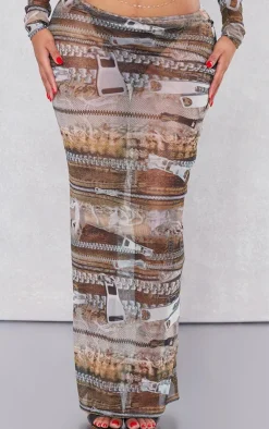 PrettyLittleThing Shape Denim Zip Print Mesh Low Rise Maxi Skirt Brown