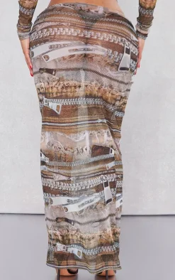 PrettyLittleThing Shape Denim Zip Print Mesh Low Rise Maxi Skirt Brown
