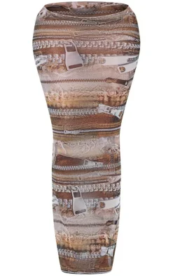 PrettyLittleThing Shape Denim Zip Print Mesh Low Rise Maxi Skirt Brown
