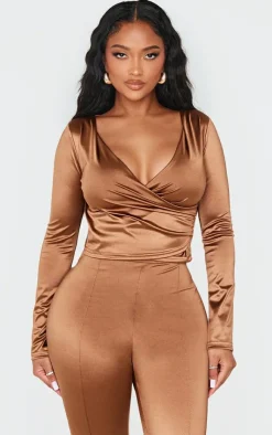 Hot PrettyLittleThing Shape Disco Sculpt Wrap Over Long Sleeve Top Brown