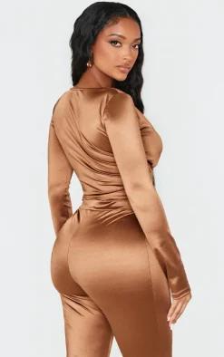 Hot PrettyLittleThing Shape Disco Sculpt Wrap Over Long Sleeve Top Brown