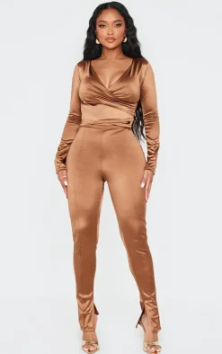 Hot PrettyLittleThing Shape Disco Sculpt Wrap Over Long Sleeve Top Brown