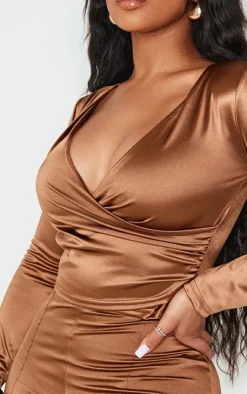 Hot PrettyLittleThing Shape Disco Sculpt Wrap Over Long Sleeve Top Brown