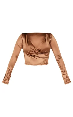 Hot PrettyLittleThing Shape Disco Sculpt Wrap Over Long Sleeve Top Brown