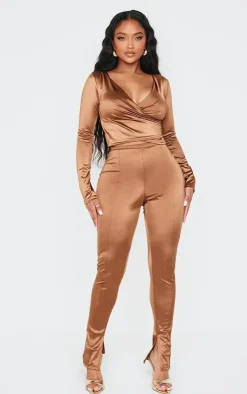 Outlet PrettyLittleThing Shape Disco Sculpt Pintuck Leggings Brown