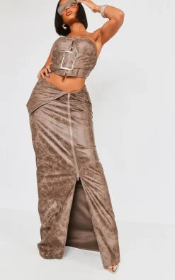 New PrettyLittleThing Shape Faux Leather Washed Effect Bandeau Buckle Detail Corset Brown