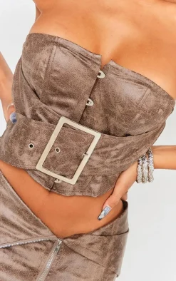 New PrettyLittleThing Shape Faux Leather Washed Effect Bandeau Buckle Detail Corset Brown