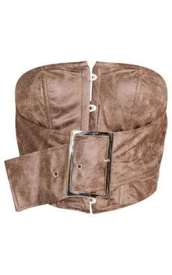 New PrettyLittleThing Shape Faux Leather Washed Effect Bandeau Buckle Detail Corset Brown