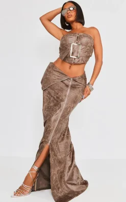 Best PrettyLittleThing Shape Faux Leather Washed Effect Fold Over Zip Detail Maxi Skirt Brown
