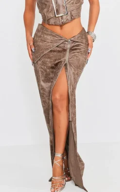 Best PrettyLittleThing Shape Faux Leather Washed Effect Fold Over Zip Detail Maxi Skirt Brown