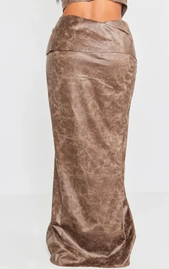 Best PrettyLittleThing Shape Faux Leather Washed Effect Fold Over Zip Detail Maxi Skirt Brown