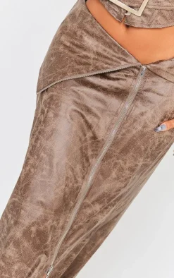 Best PrettyLittleThing Shape Faux Leather Washed Effect Fold Over Zip Detail Maxi Skirt Brown
