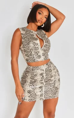 New PrettyLittleThing Shape Faux Leather Snake Print Zip Front Top Brown