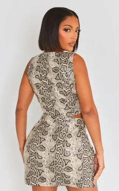 New PrettyLittleThing Shape Faux Leather Snake Print Zip Front Top Brown