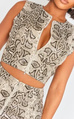 New PrettyLittleThing Shape Faux Leather Snake Print Zip Front Top Brown