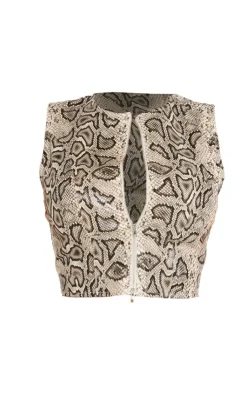 New PrettyLittleThing Shape Faux Leather Snake Print Zip Front Top Brown