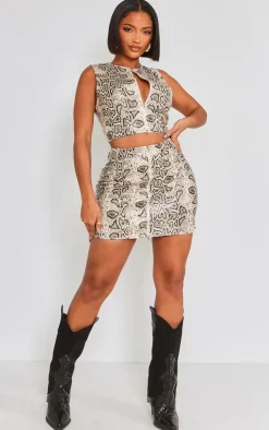 Hot PrettyLittleThing Shape Faux Leather Snake Print Zip Front Mini Skirt Brown