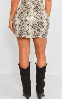 Hot PrettyLittleThing Shape Faux Leather Snake Print Zip Front Mini Skirt Brown