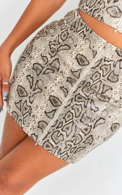 Hot PrettyLittleThing Shape Faux Leather Snake Print Zip Front Mini Skirt Brown