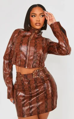 Discount PrettyLittleThing Shape Faux Leather Snake Print Cropped Jacket Brown