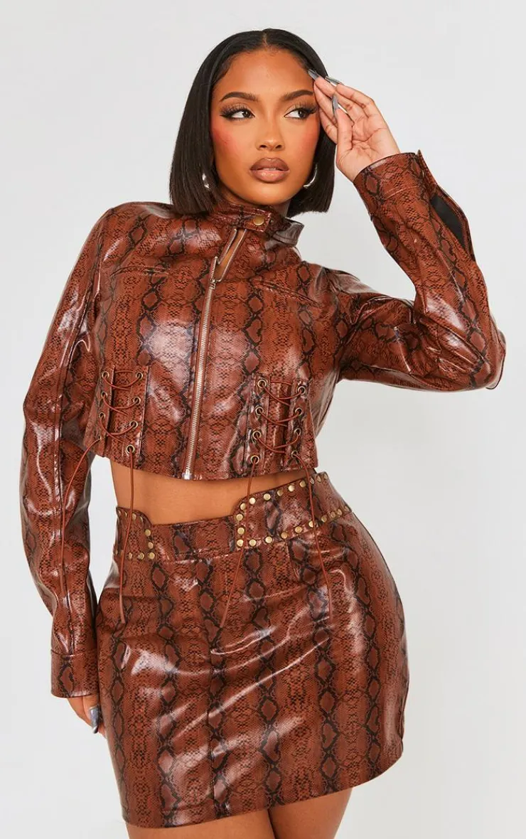 Discount PrettyLittleThing Shape Faux Leather Snake Print Cropped Jacket Brown