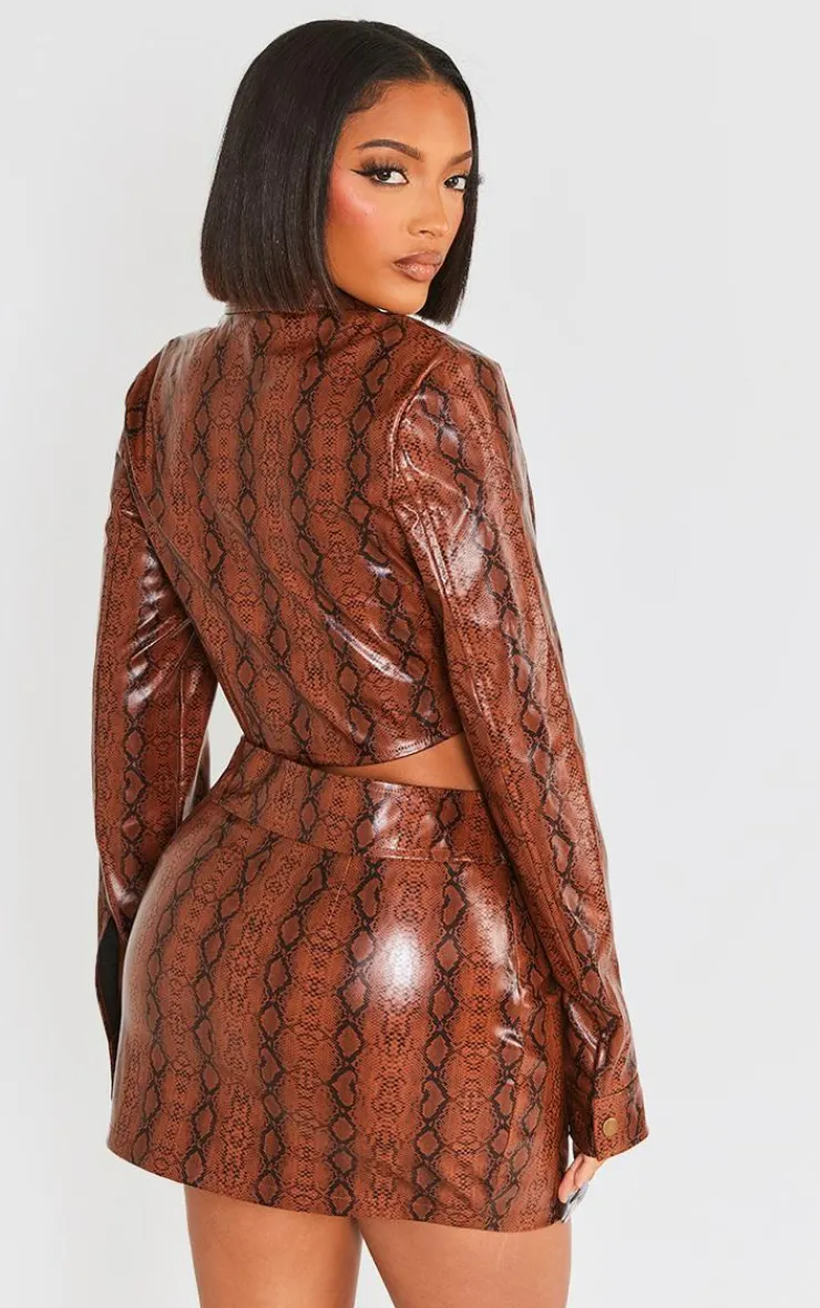 Discount PrettyLittleThing Shape Faux Leather Snake Print Cropped Jacket Brown