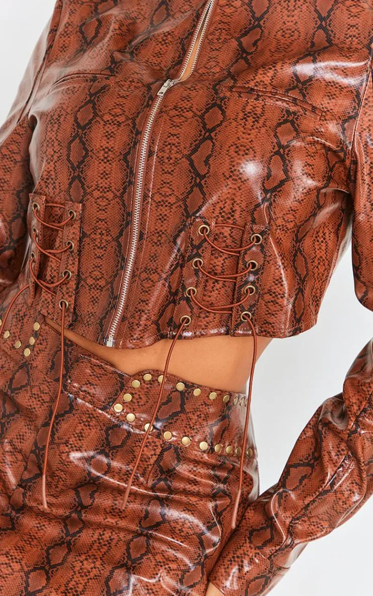 Discount PrettyLittleThing Shape Faux Leather Snake Print Cropped Jacket Brown