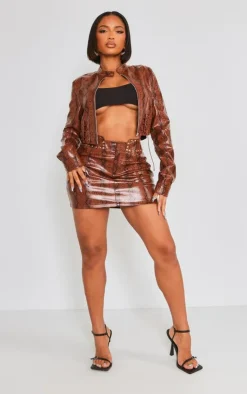 New PrettyLittleThing Shape Faux Leather Snake Print Mini Skirt Brown