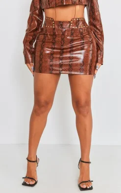 New PrettyLittleThing Shape Faux Leather Snake Print Mini Skirt Brown